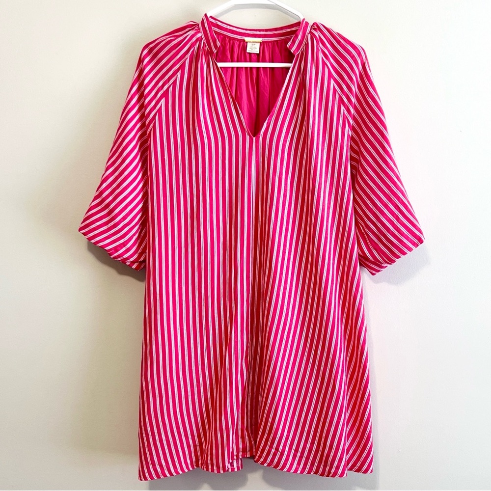 Magaschoni Striped 100% Linen Puff Sleeve Shift Dress